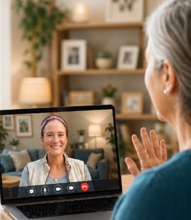 Telehealth occupational therapy session with therapist on laptop